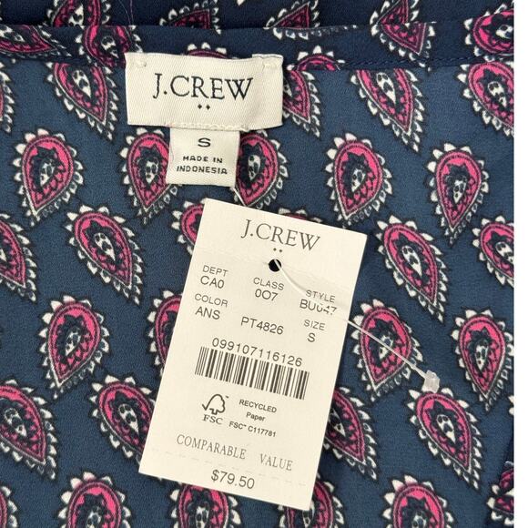 NWT J. Crew Printed V-Neck Navy and Pink Short Sleeve Blouse Size S - Picture 3 of 6